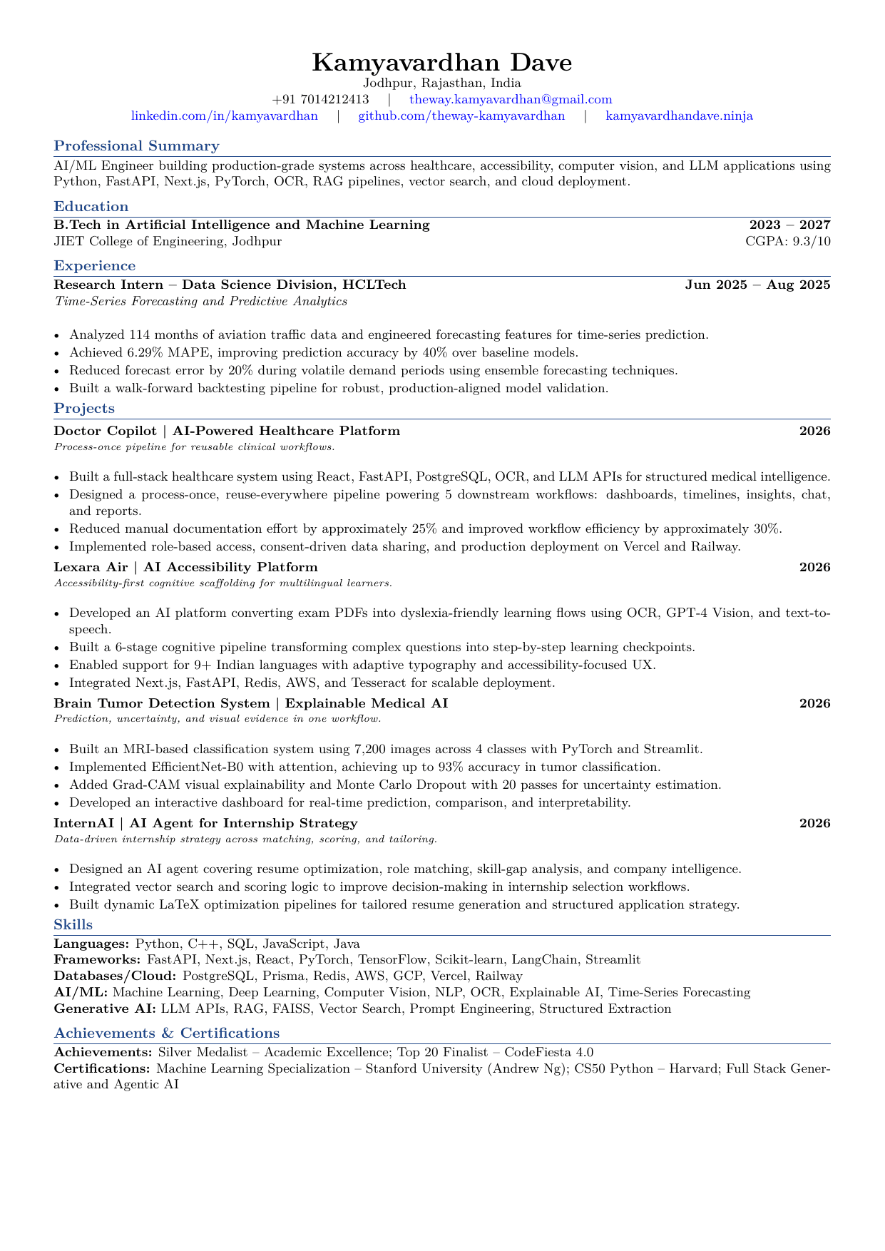 Resume preview for Kamyavardhan Dave